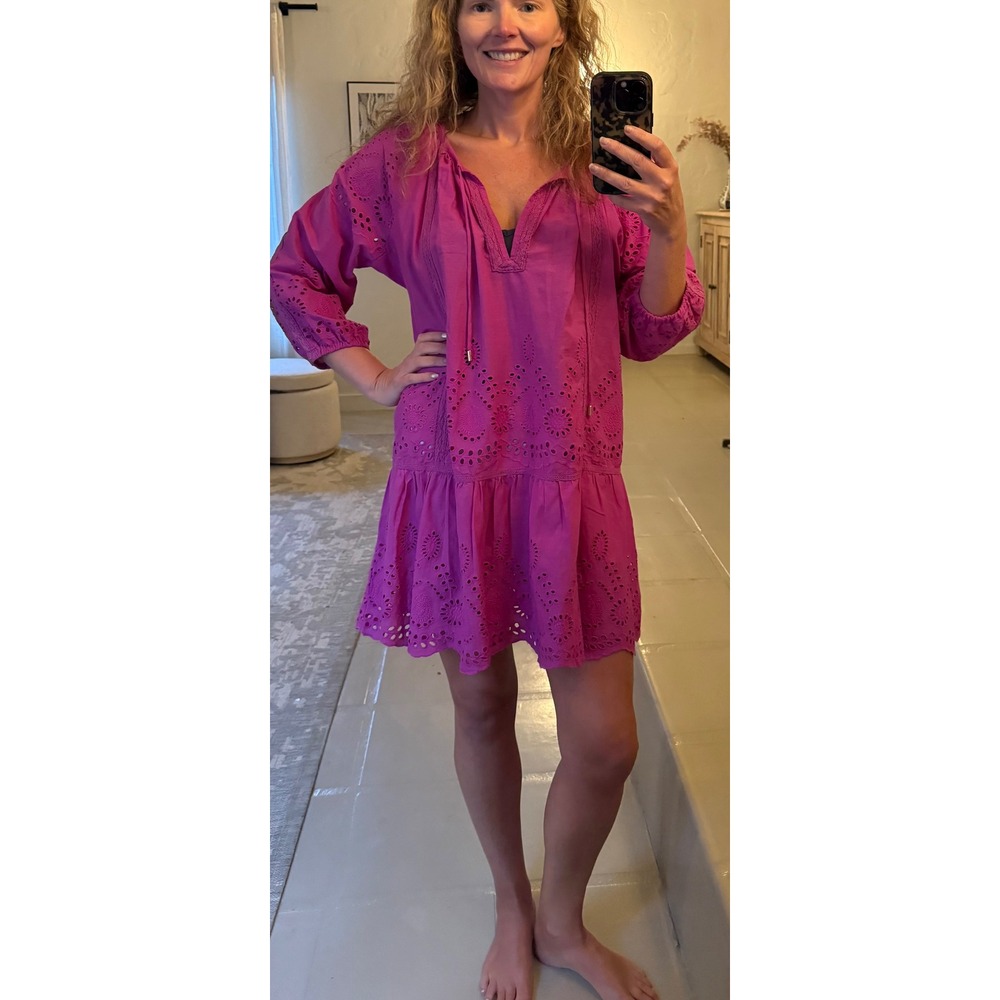 Melissa Odabash Pink Eyelet Cotton Mini Dress Tassel Tie Cover Up Small